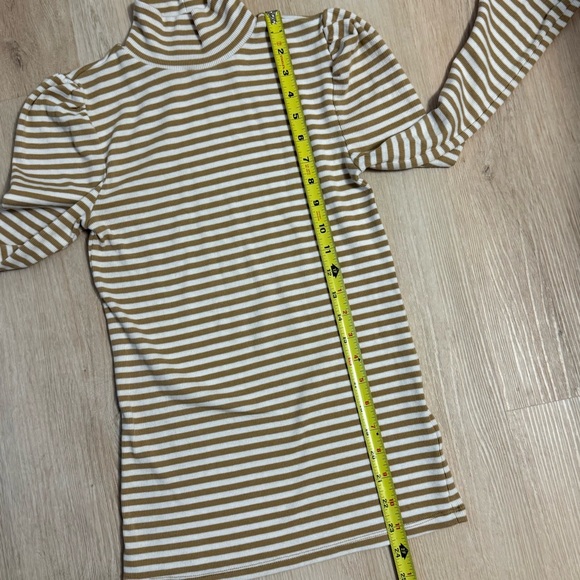 GAP Mock Neck Puff Sleeves Ribbed Tan and White Striped Long Sleeve Top - Picture 5 of 9